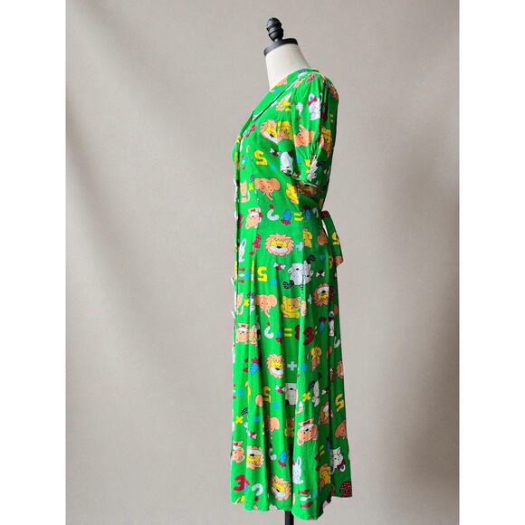 Vintage 80s Novelty Print Dress | Cartoon Kawaii Puff Sleeve Button-Front | S/M - Picture 2 of 9